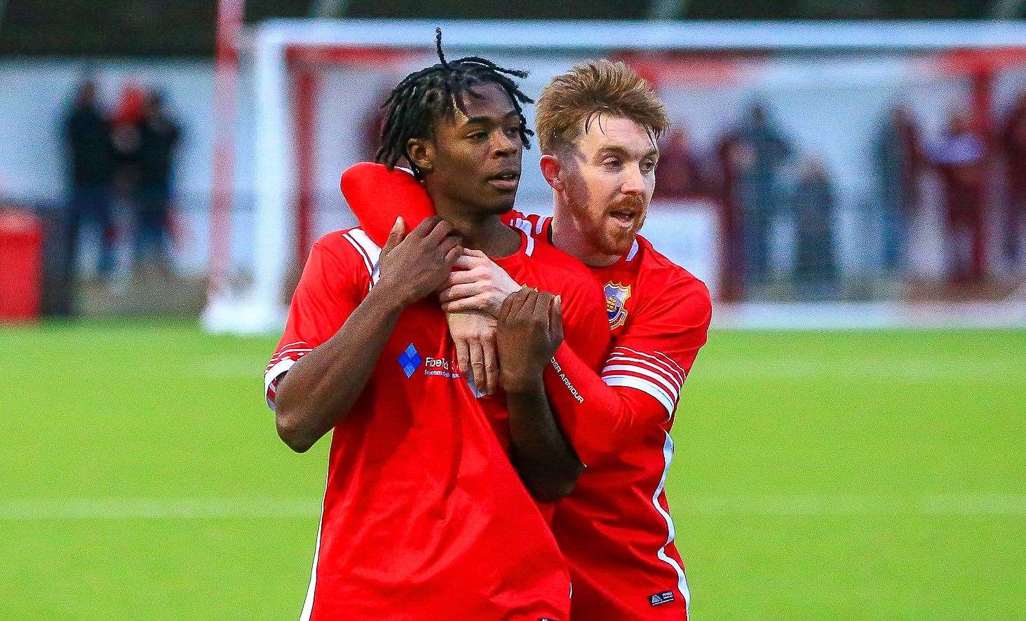 Jake Mackenzie celebrates Victor Aiyelabola's goal in a 4-2 success for Whitstable over Canterbury City. Picture: Les Biggs