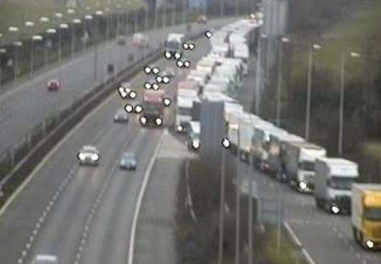 Lorries queuing for the Eurotunnel. Picture: Highways England. (7587456)