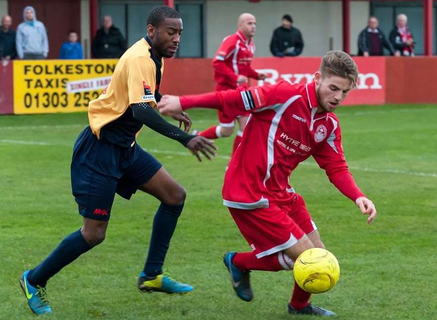 Ashley Miller (right) pictured during one of his loan spells with Hythe Picture: Fiona Stapley-Harding