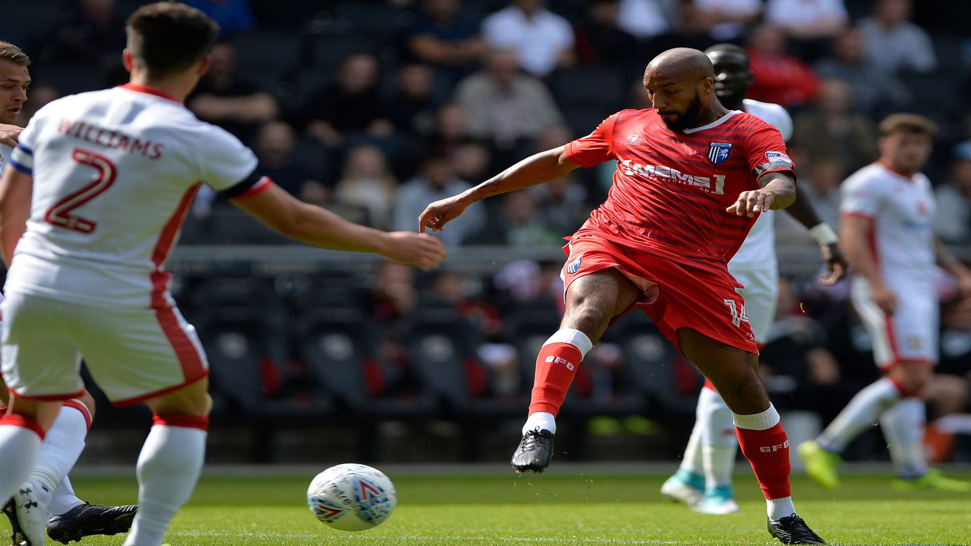 Gillingham’s Josh Parker shoots at goal. Picture: Ady Kerry