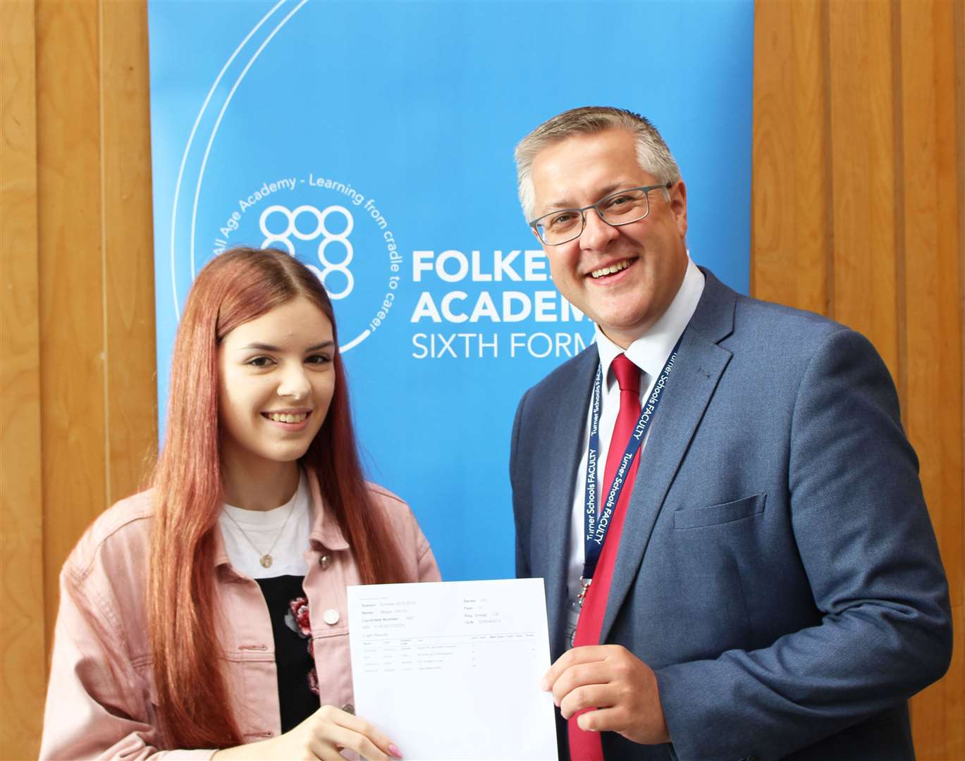 Megan Davis celebrates on results day with head teacher Wesley Carroll. Picture: Turner Schools (15285500)