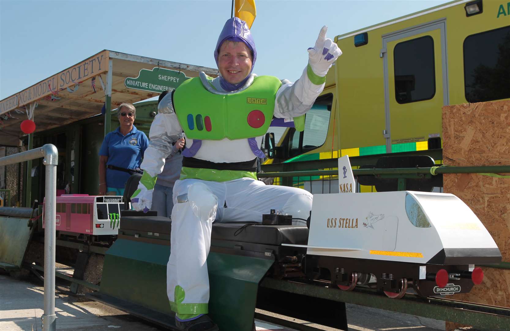 Alvin Simonds, as Buzz Lightyear on a locomotive at Sheppey Sci-Fi festival held at Barton's Point Coastal Park. Picture by: John Westhrop