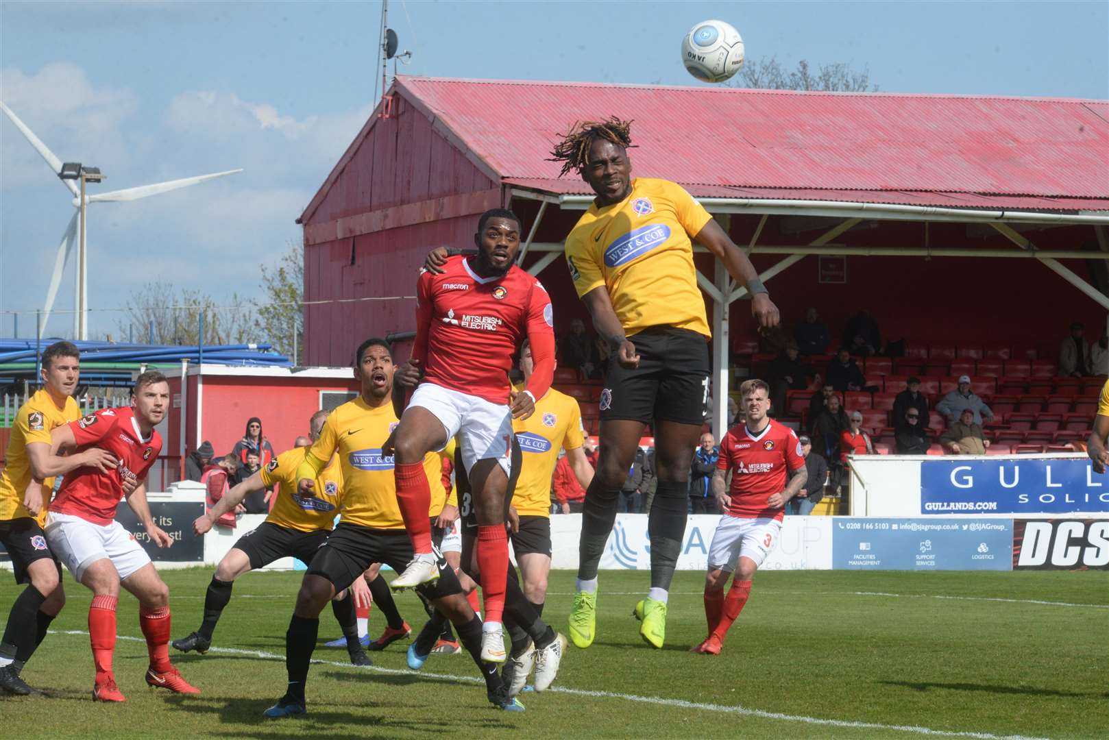 Tomi Adeloye (in yellow) playing for Dagenham against Ebbsfleet last season Picture: Chris Davey