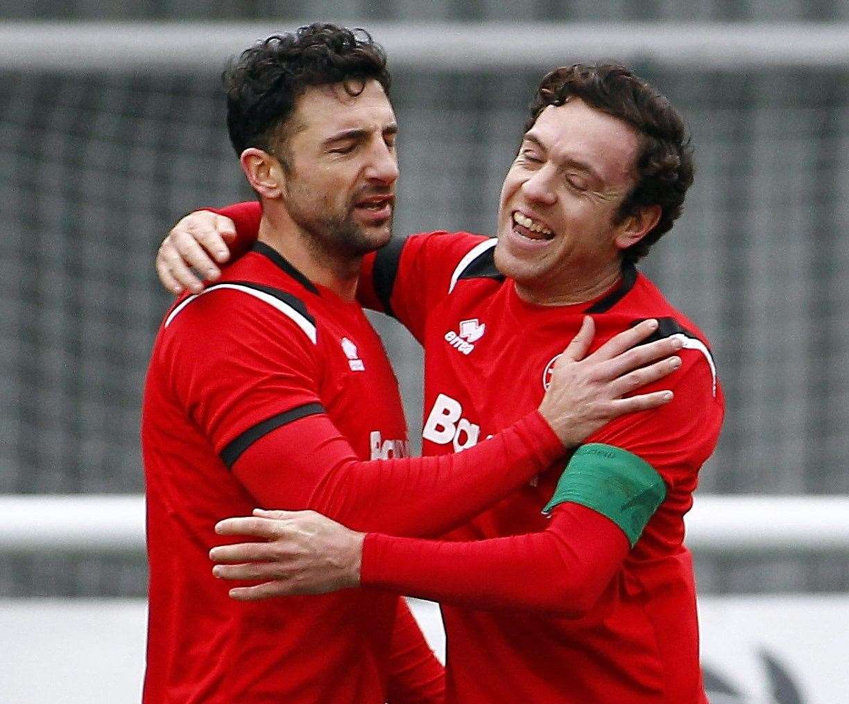 Chatham skipper Jack Evans, right, celebrates his opener with Rob Denness Picture: Sean Aidan