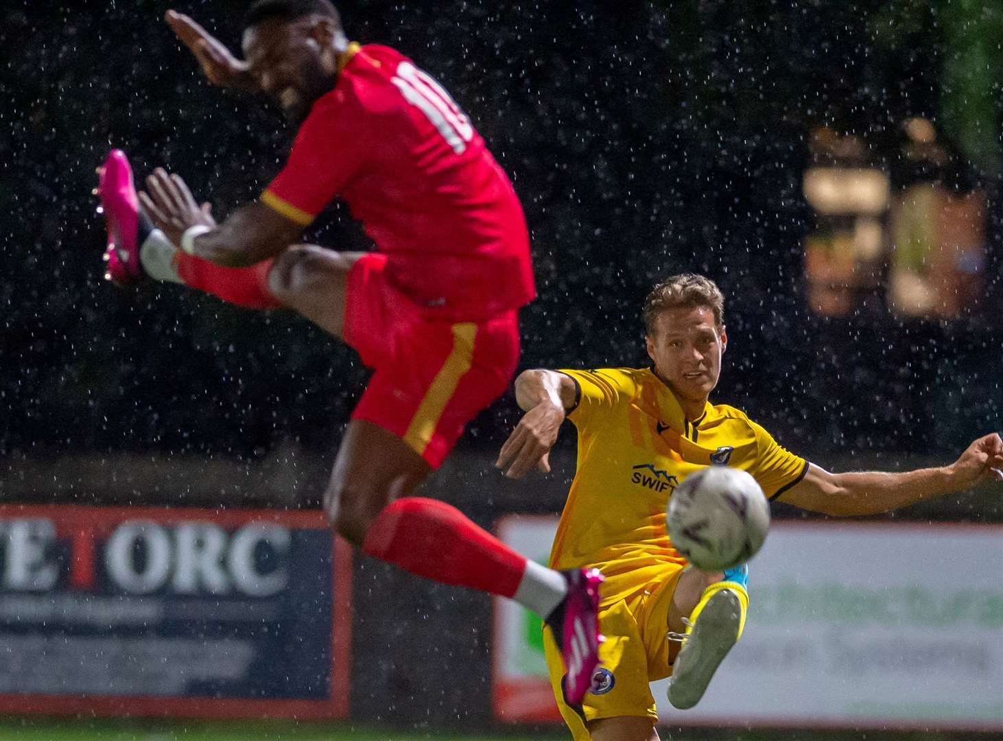 Action from The Belmont as Bearsted clear under pressure from Whitstable's Jerson Dos Santos. Picture: Ian Scammell