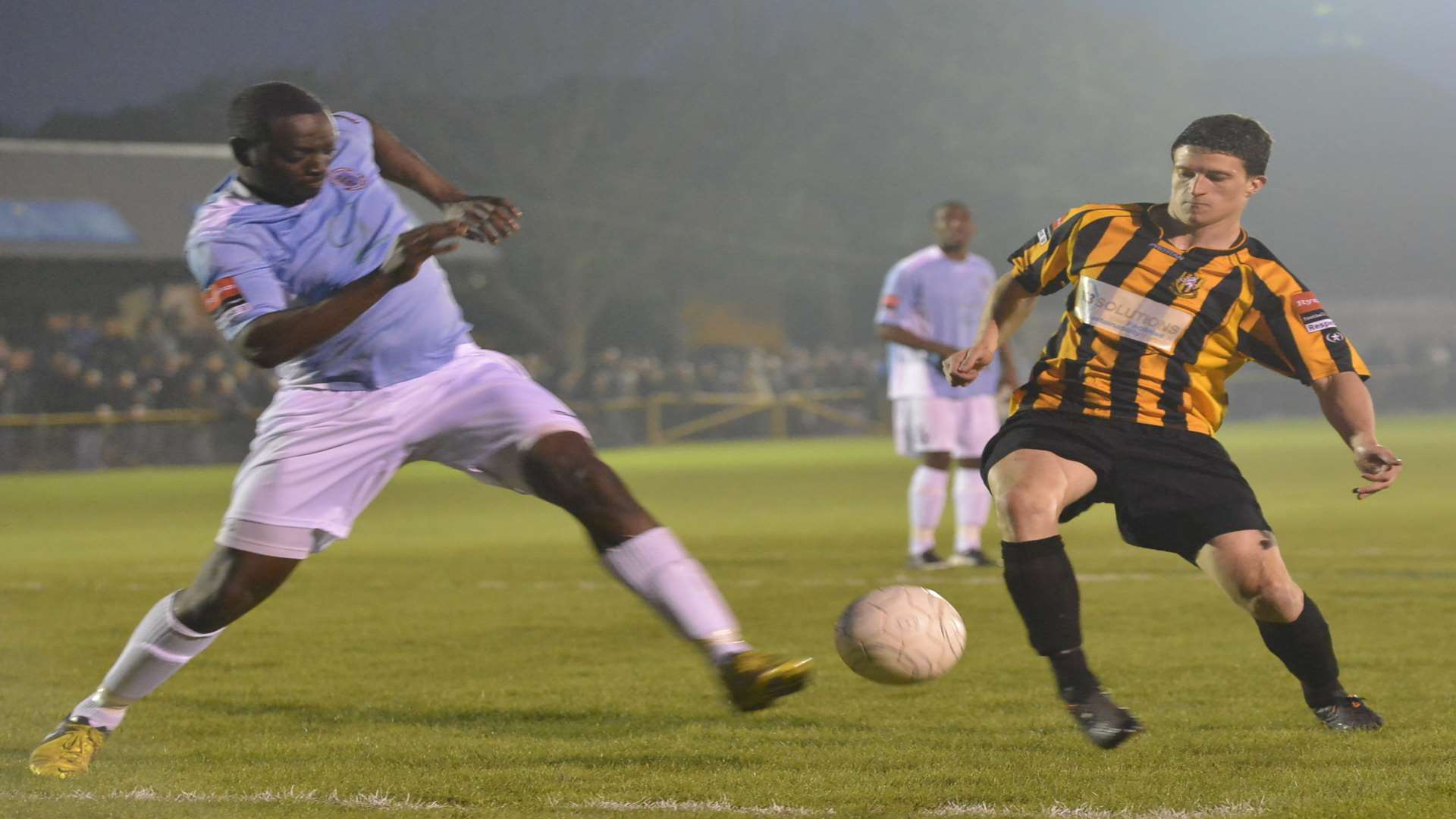 Frankie Chappell gets his foot in during a play-off game against Hastings Picture: Gary Browne