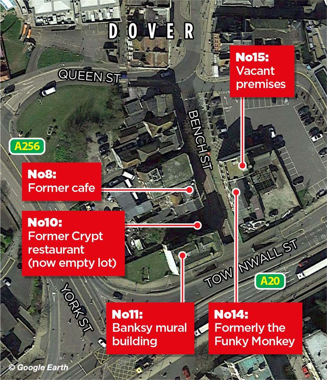 The five premises the council seeks to change at Bench Street, Dover