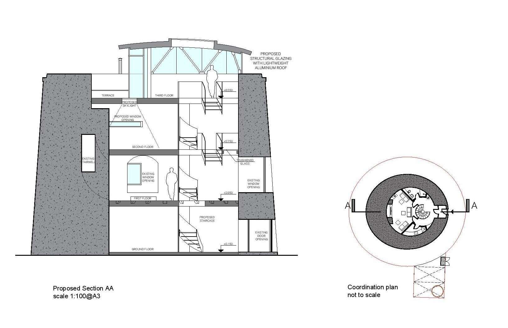 Drawing of potential plans for the Martello tower. Designed by JD Architects