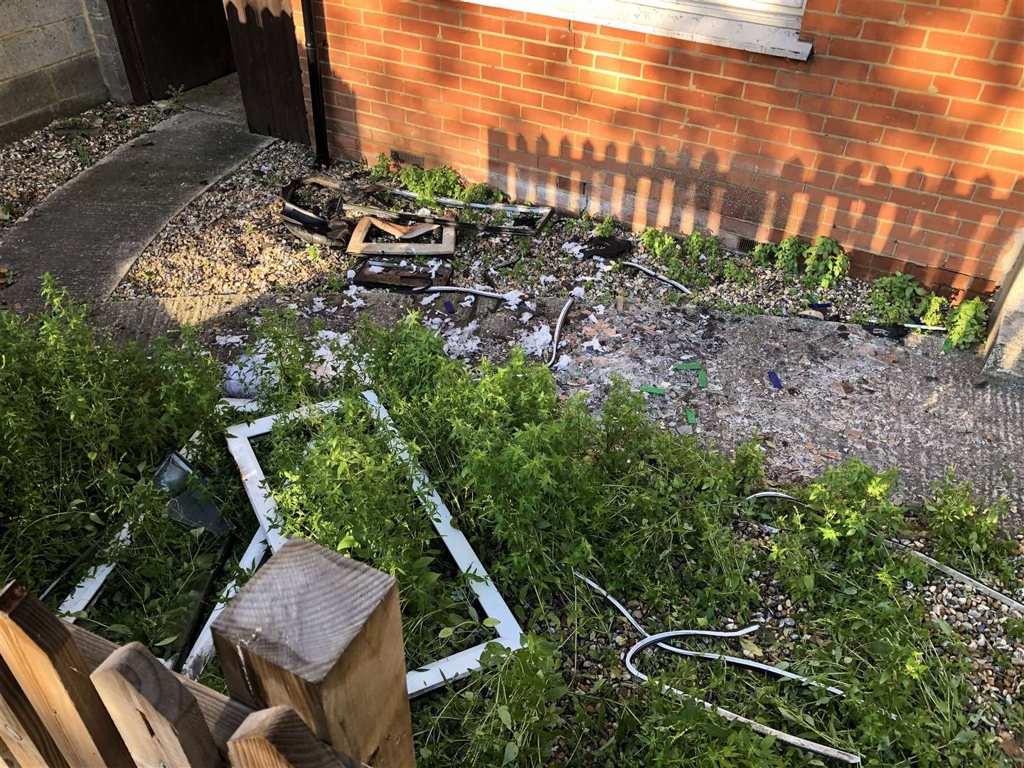 Shattered glass covers the pathway to the building