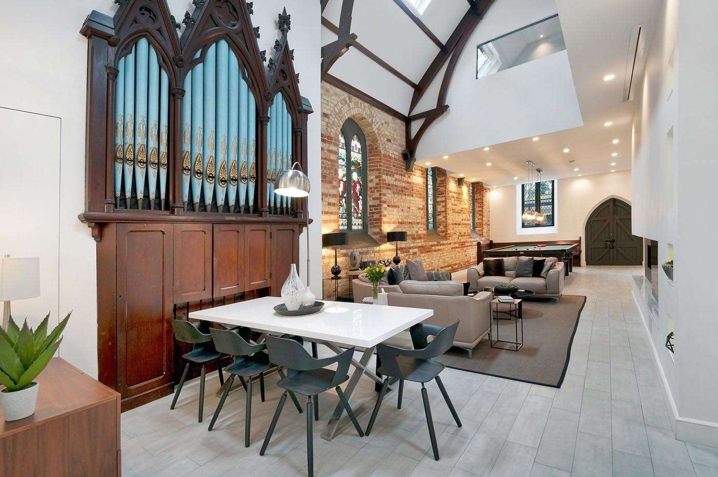 An organ stands in the dining area