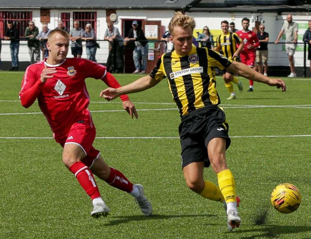 Whitstable Town midfielder Jack Palmby, left. Picture: Les Biggs