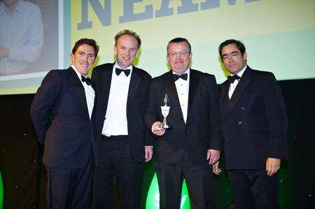 Rob Brydon; SN retail director Nigel Bunting; retail operations manager Graeme Endacott; and Andrew Reed of category sponsor International Wine Challenge.