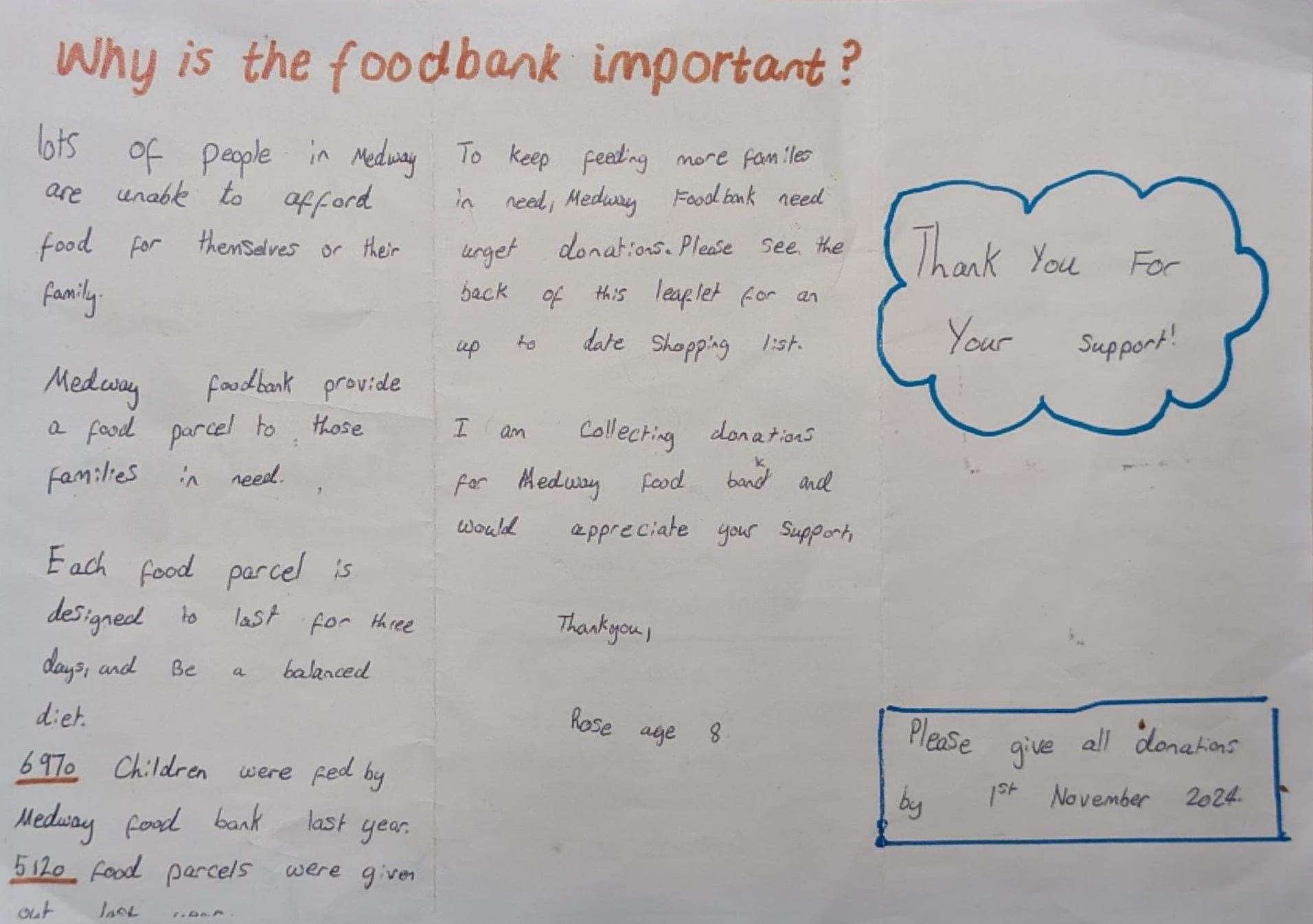 The handwritten leaflet that young Rose made using her online research about Medway Foodbank