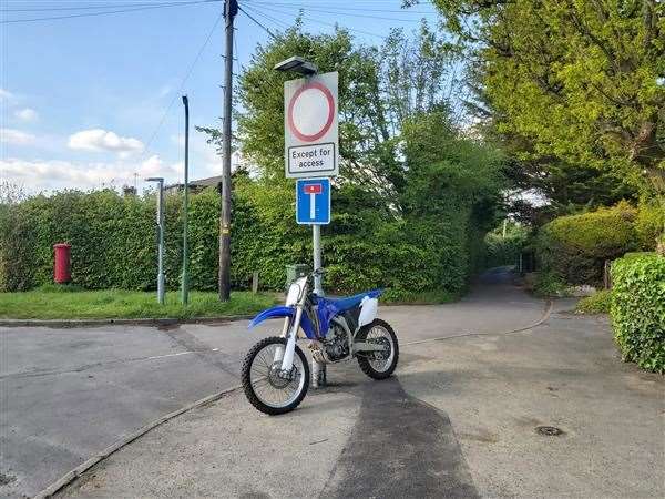 The seized motorbike at the junction with Pheasant Lane, Maidstone