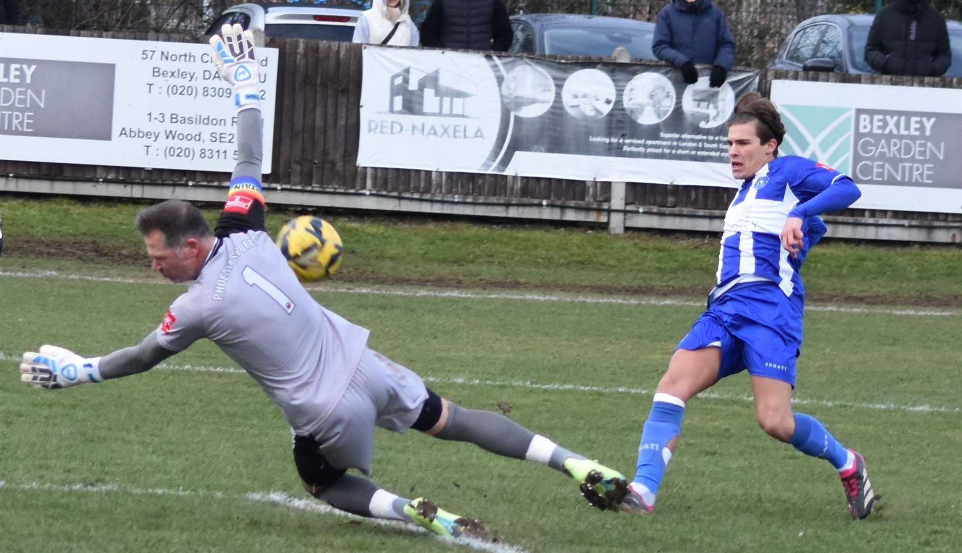 Frustration for midfielder Archie Burnett as his effort is blocked by Phoenix goalkeeper Andy Walker. Picture: Alan Coomes