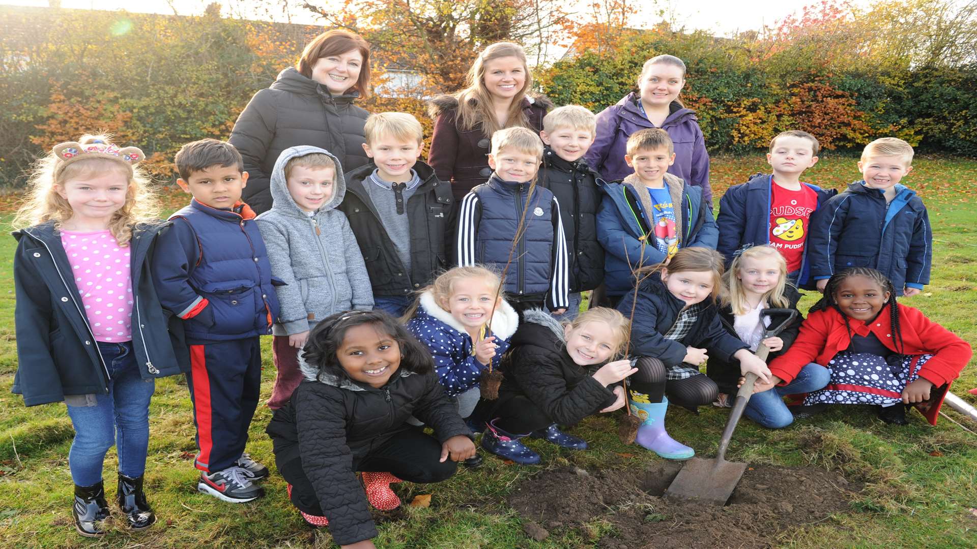 Tree planting. Teachers L-R: Mrs Dorrian, Mrs Walker and Miss Zwolskyj.