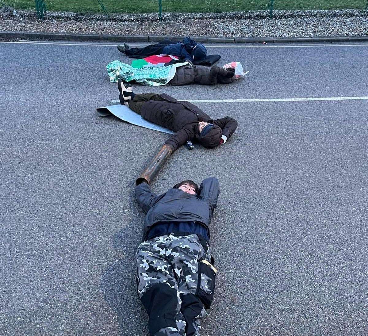 Eight protestors claim they have “successfully shutdown” Instro Precision in Sandwich Discovery Park after attaching themselves with lock-ons. Picture: Palestine Action