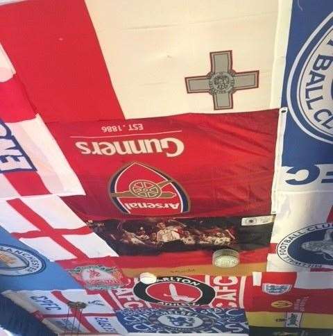 The ceiling inside the pub is completely covered with football flags. There’s a sign above the door in the bar which reads Stamford Bridge SW6 which might give away the landlord’s loyalty, but just about every club is represented somewhere.