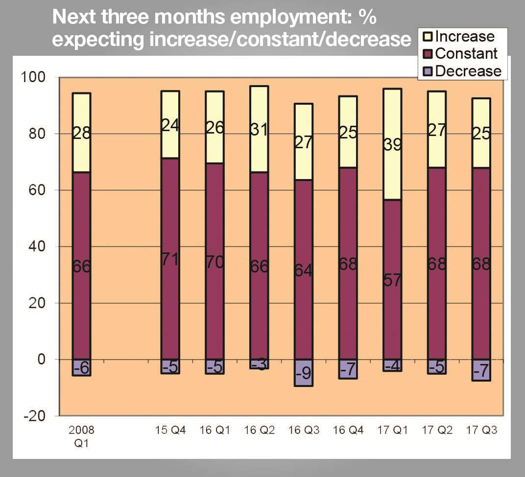 There was some caution about plans to hire people, with 25% saying they planned their staff levels to increase, the second-straight quarterly decline