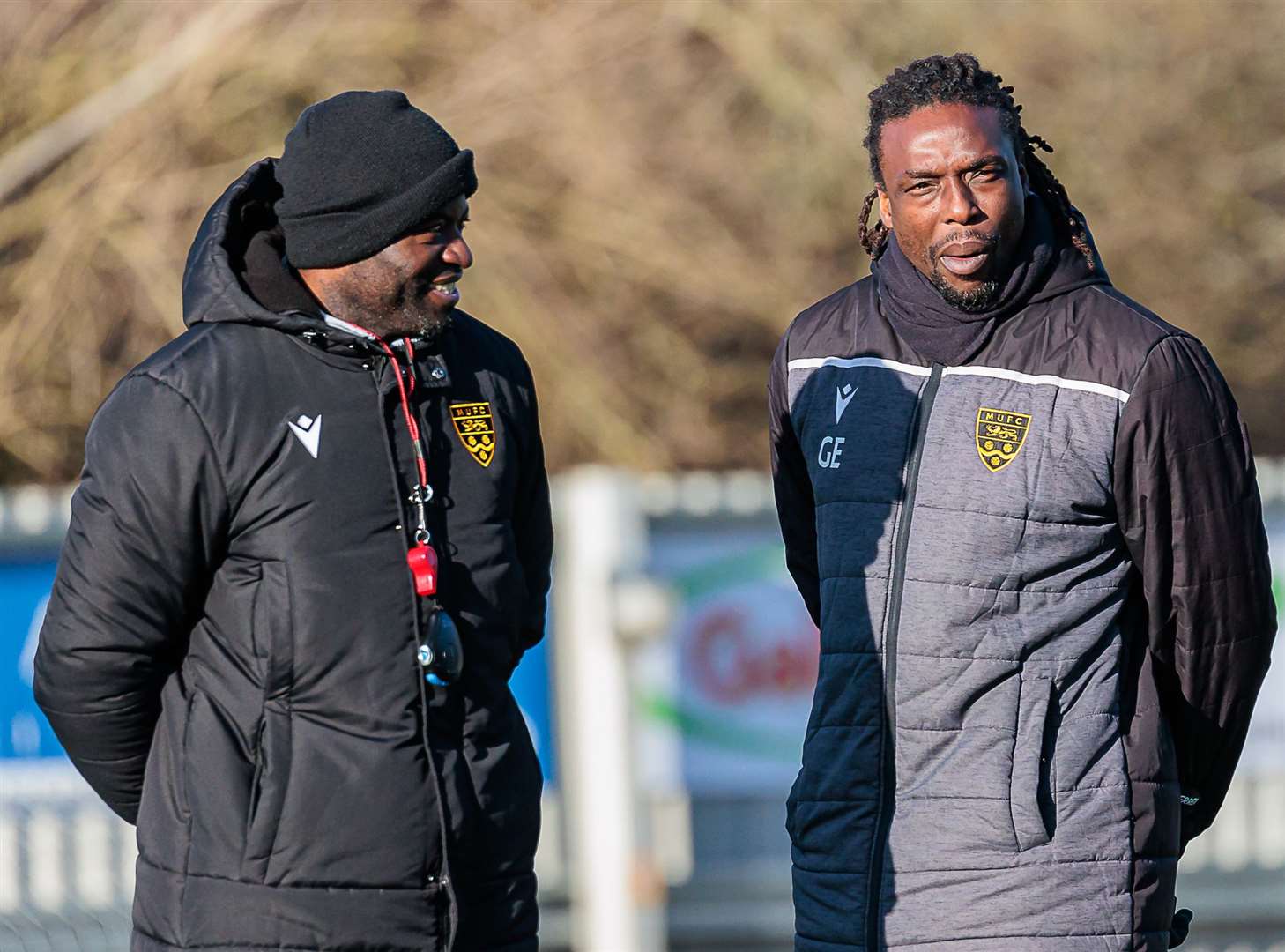 Maidstone United caretaker boss George Elokobi with Gifton Noel-Williams. Picture: Helen Cooper