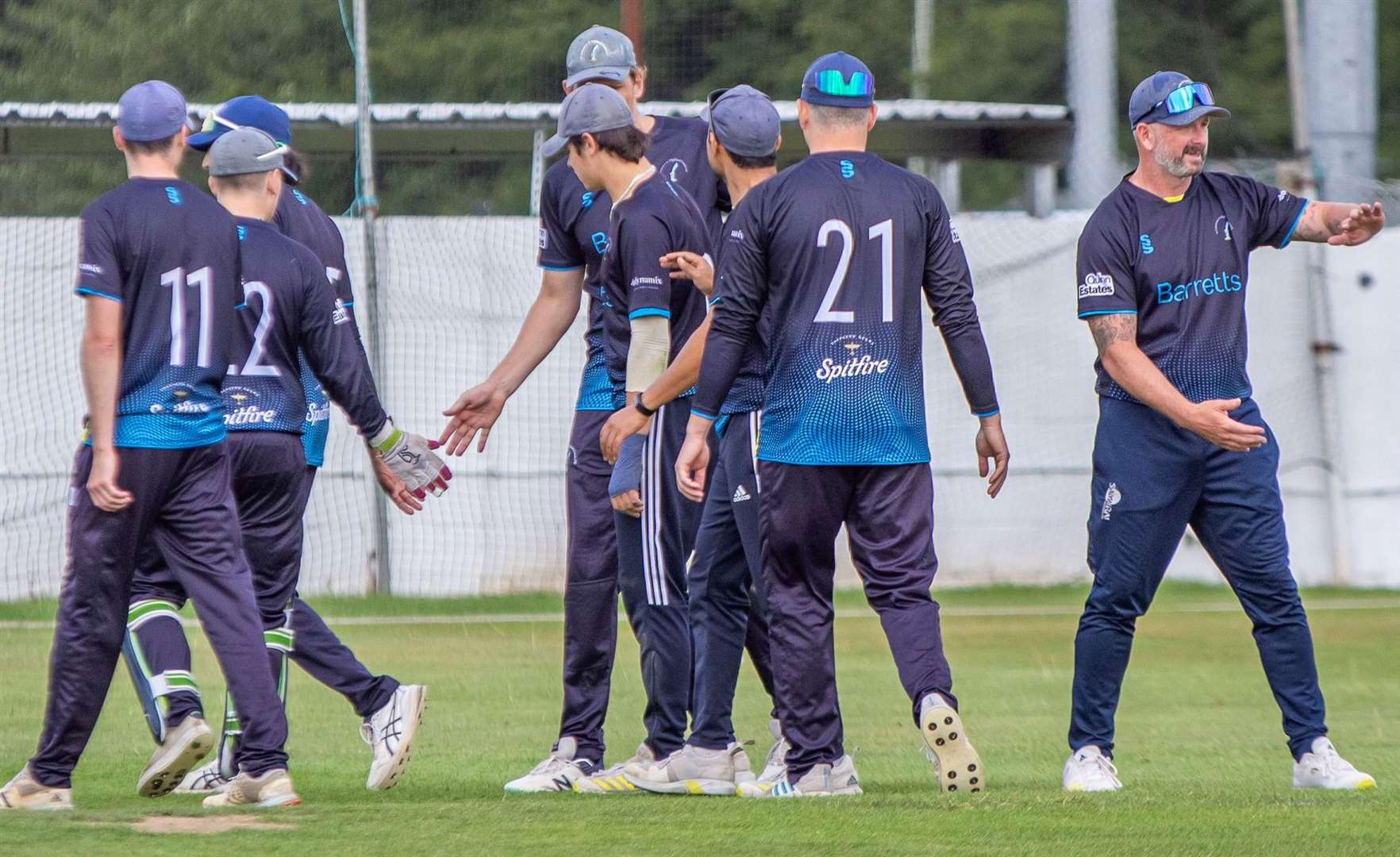 St Lawrence & Highland Court celebrate skittling Lordswood for 89 in their weekend Kent League Premier Division seven-wicket win. Picture: Phillipa Hilton