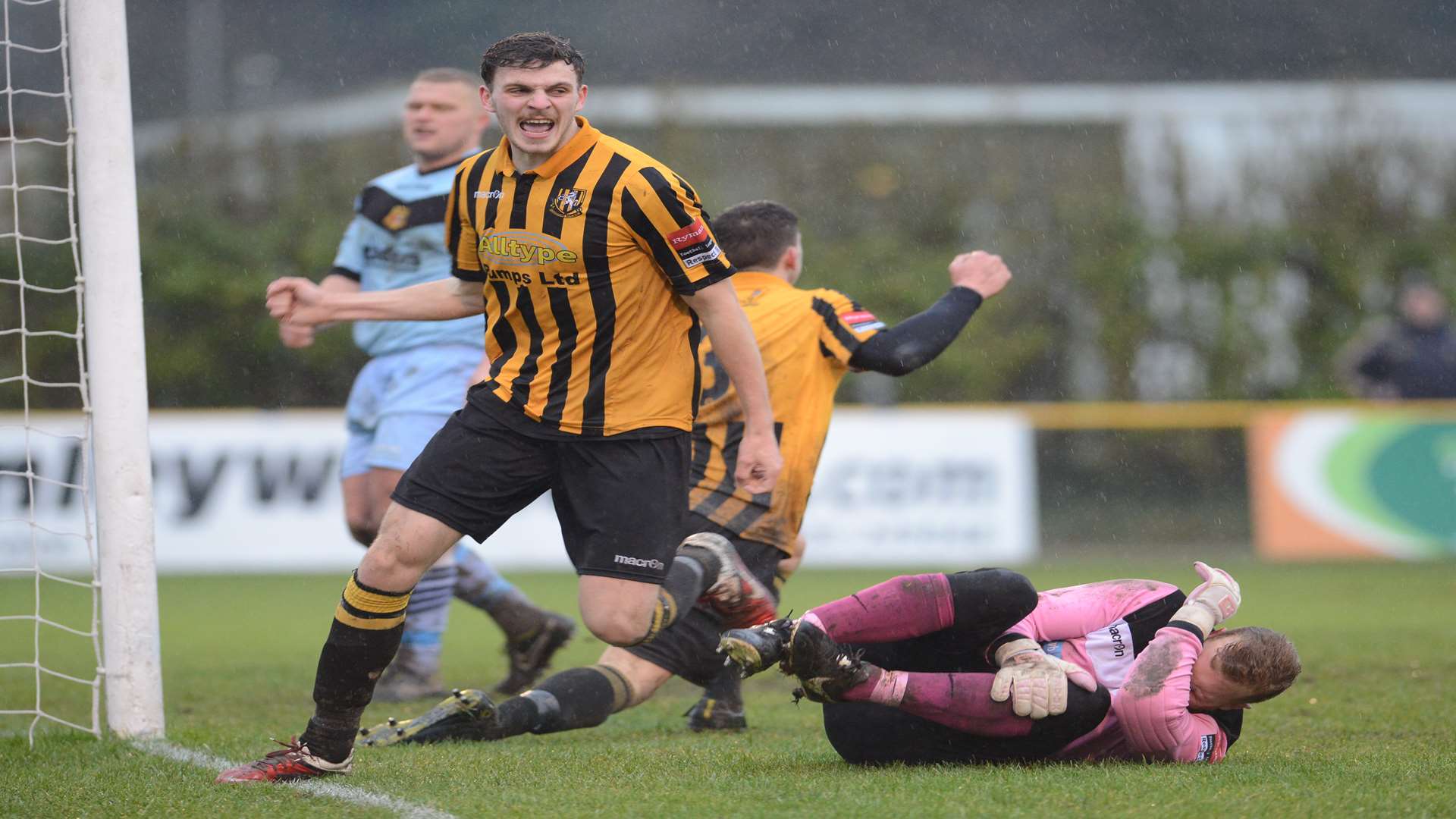 Harry Smith celebrates a goal for Folkestone Picture: Gary Browne