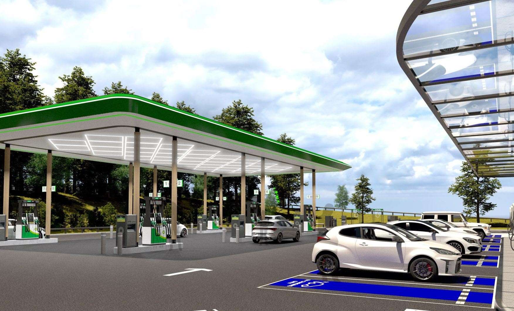 A petrol station and 24 EV charging spaces would be found at the site, if approved. Picture: BP Pulse