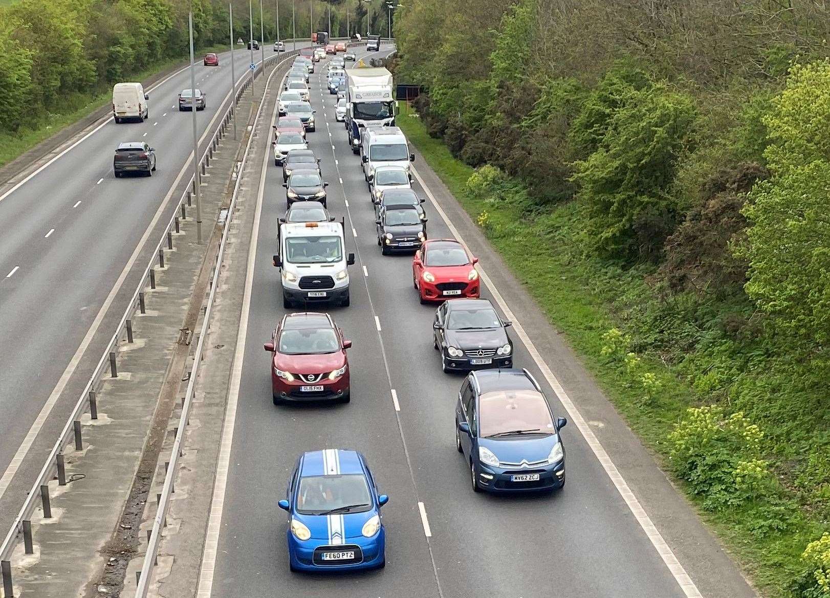 Traffic building on the approach to the A299 contraflow in Whitstable during the ongoing resurfacing works