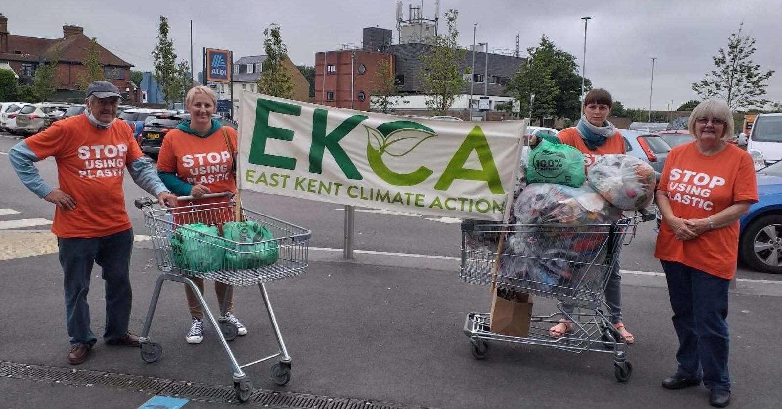 But Aldi weren't as keen to receive the plastic. L to R David White, Cllr Christine Oliver, Helen O'Brien, Janet Wakeman