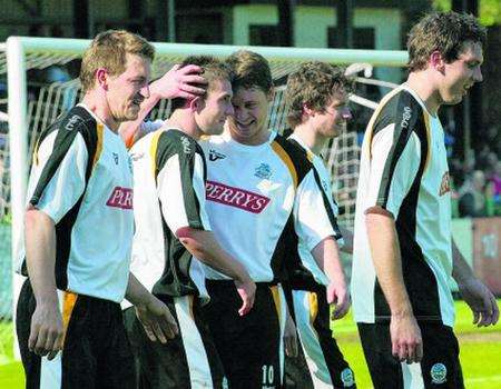 Dover celebrate their second goal against Wealdstone on Saturday