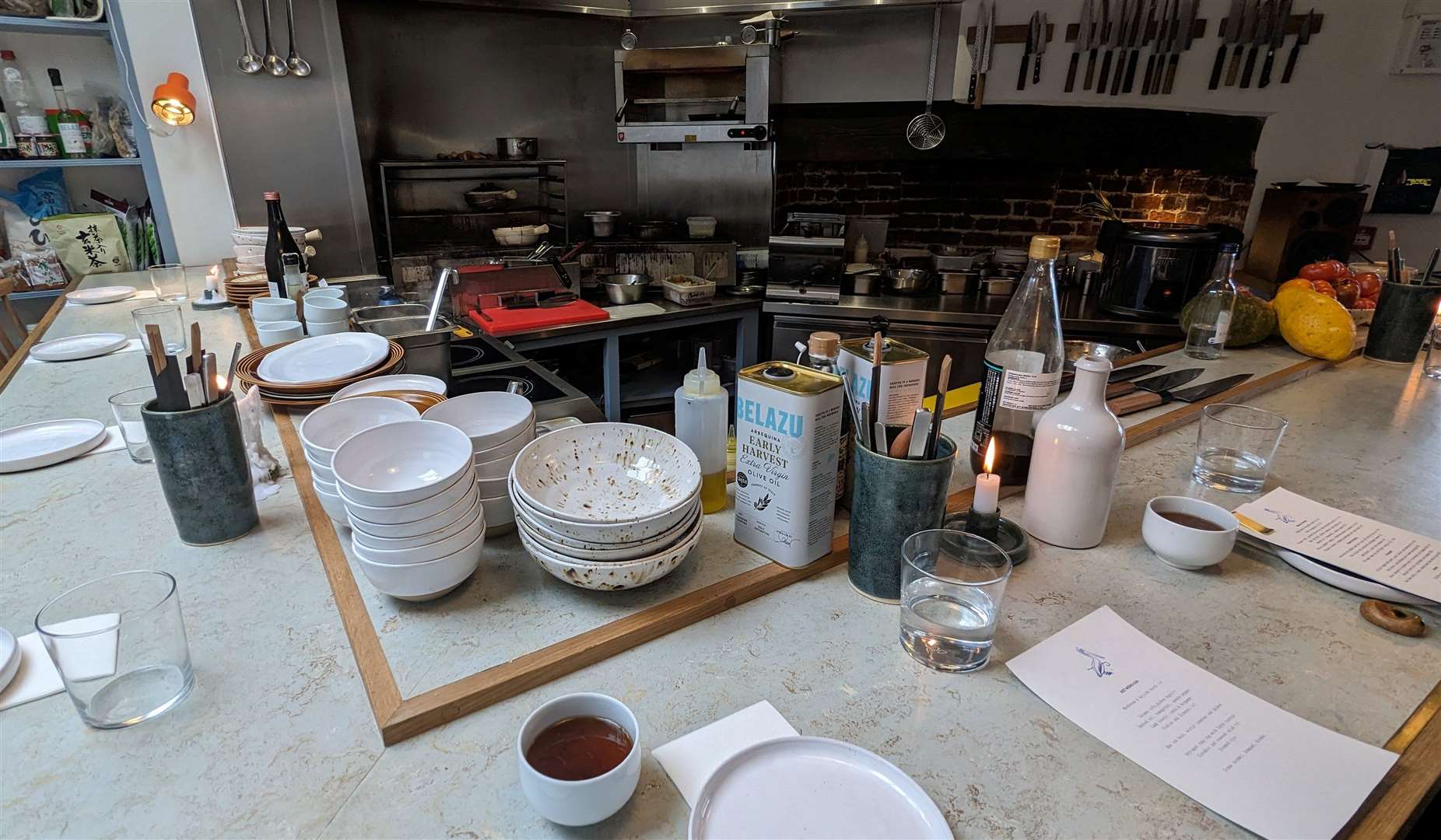 The counter overlooking the kitchen at The Blue Pelican in Deal