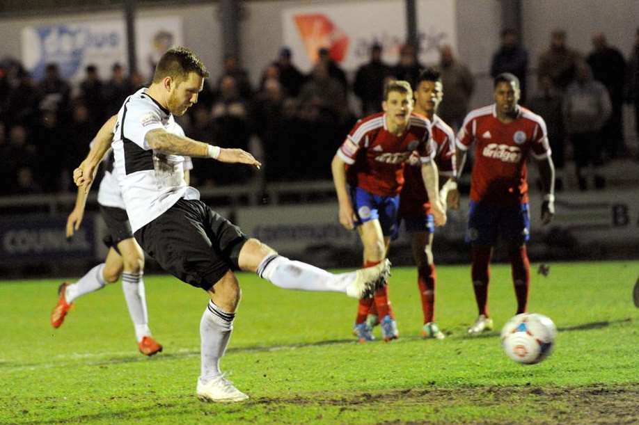 Elliot Bradbrook scores from the penalty spot against Aldershot Picture: Simon Hildrew