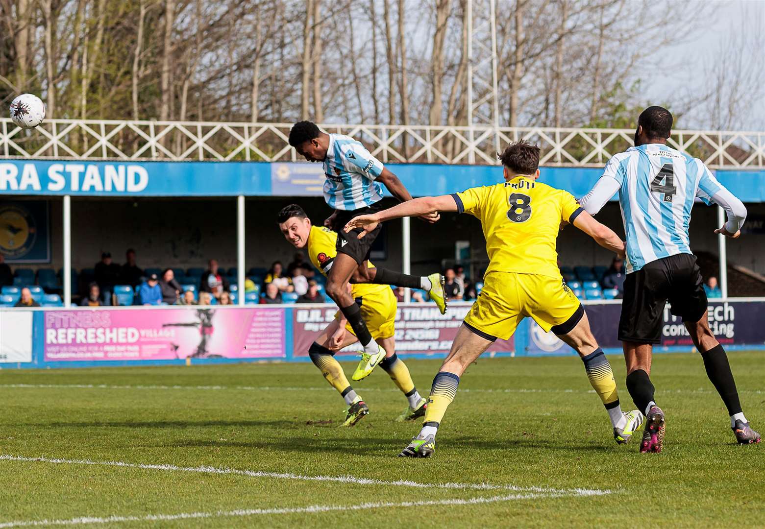 Maidstone centre-back Raphe Brown power home the winner. Picture: Helen Cooper