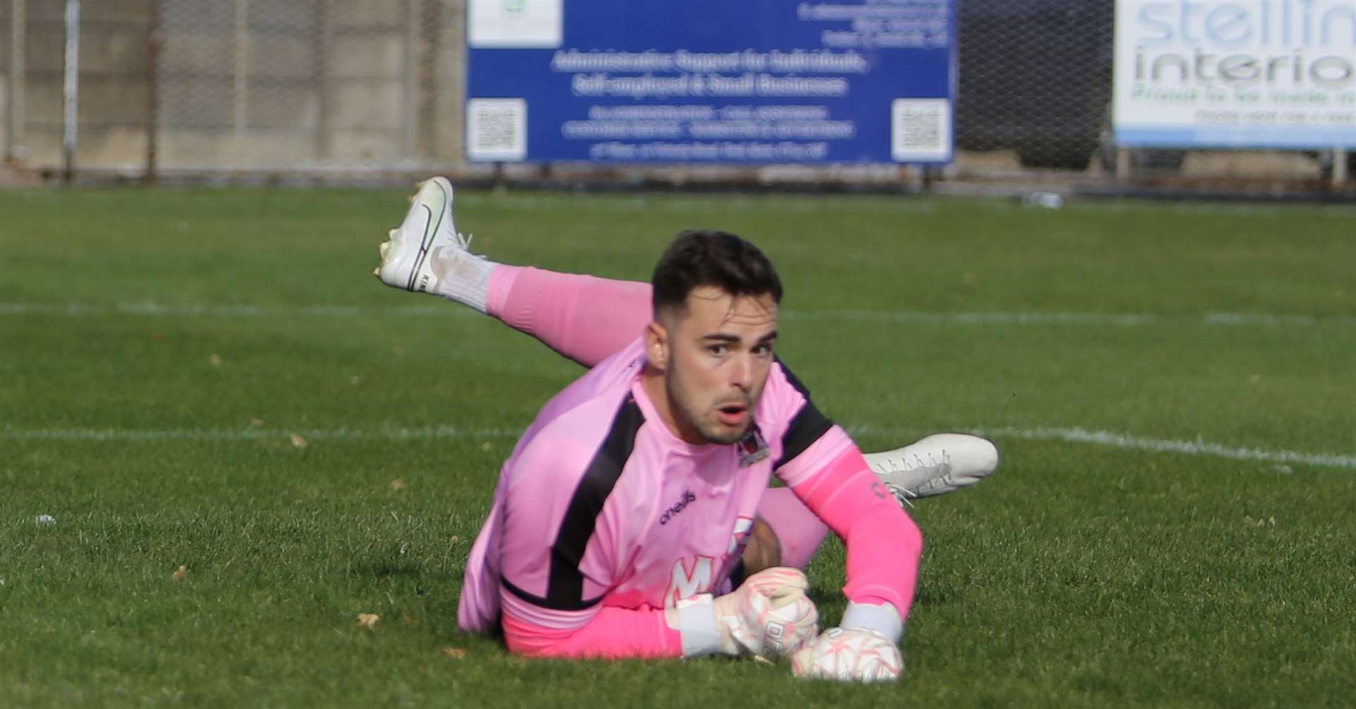 Deal keeper Henry Newcombe sees a Jamie Billings free-kick cannon against the post, back off his head and into his own net. Picture: Paul Willmott