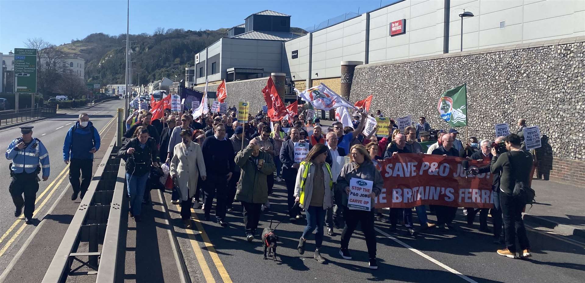 The demonstrators marched along the A20 in Dover to voice their anger with P&O Ferries