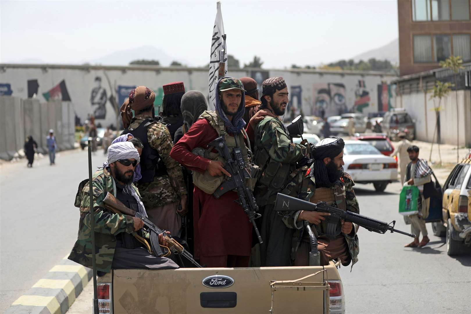 Taliban fighters patrol in Kabul, Afghanistan after taking over the country and overthrowing the government. Picture: Rahmat Gul/AP