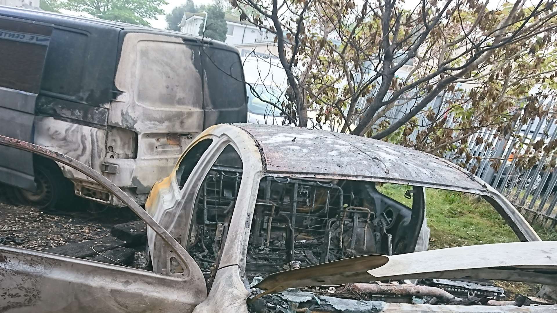 Damaged vehicles after the fire at Shorncliffe Autocentre.