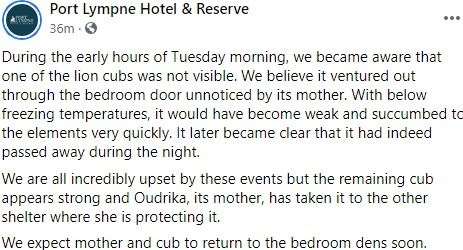 Port Lympne's original statement. Picture: Facebook