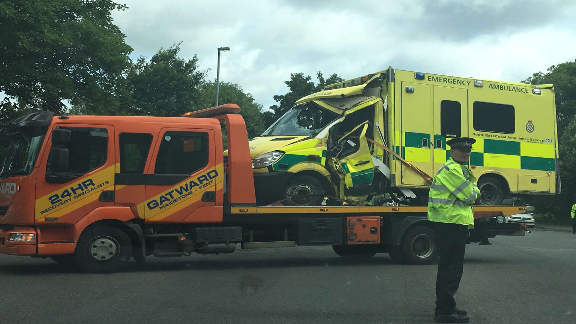 The ambulance was overturned while responding to an emergency call.