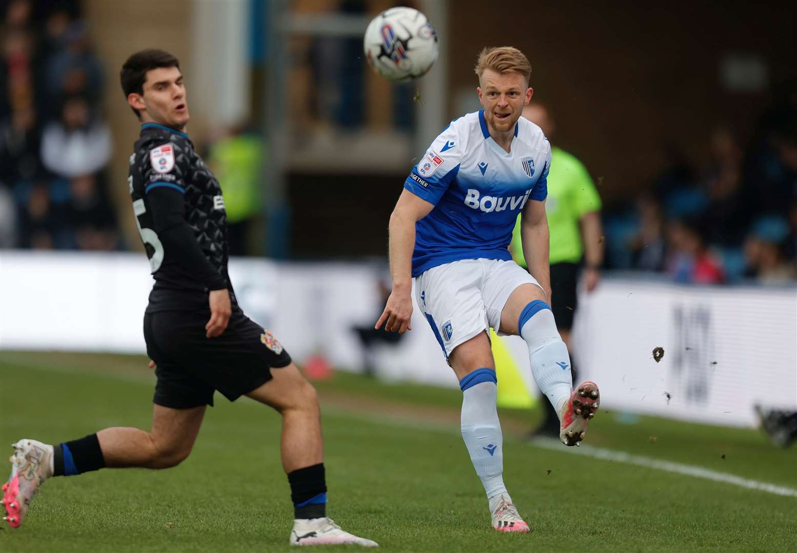 Full-back Max Clark clips the ball forward for Gillingham against Tranmere. Picture: Julian_KPI