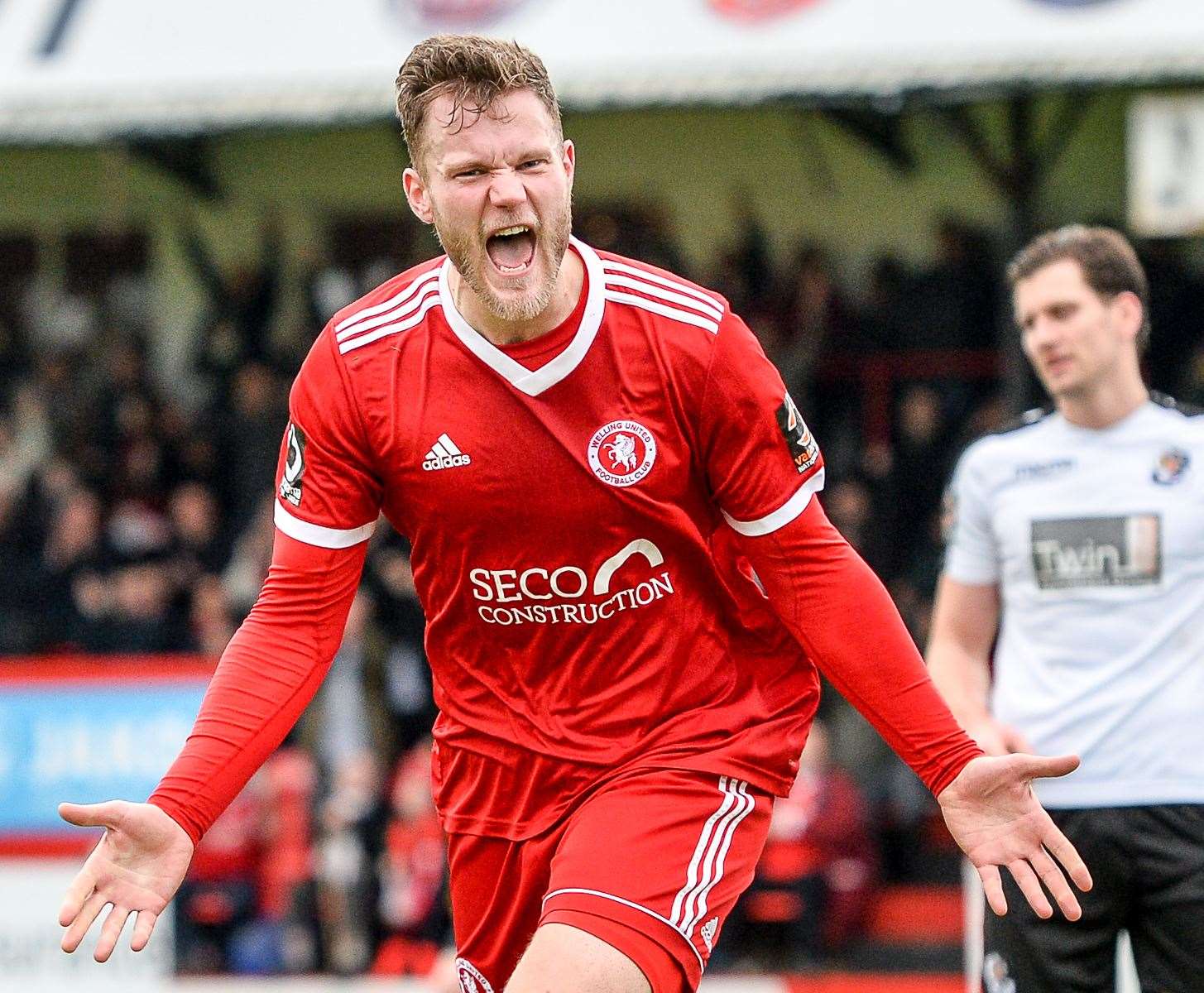 Josh Hill celebrates scoring for Welling against Dartford last season. Picture: Dave Budden