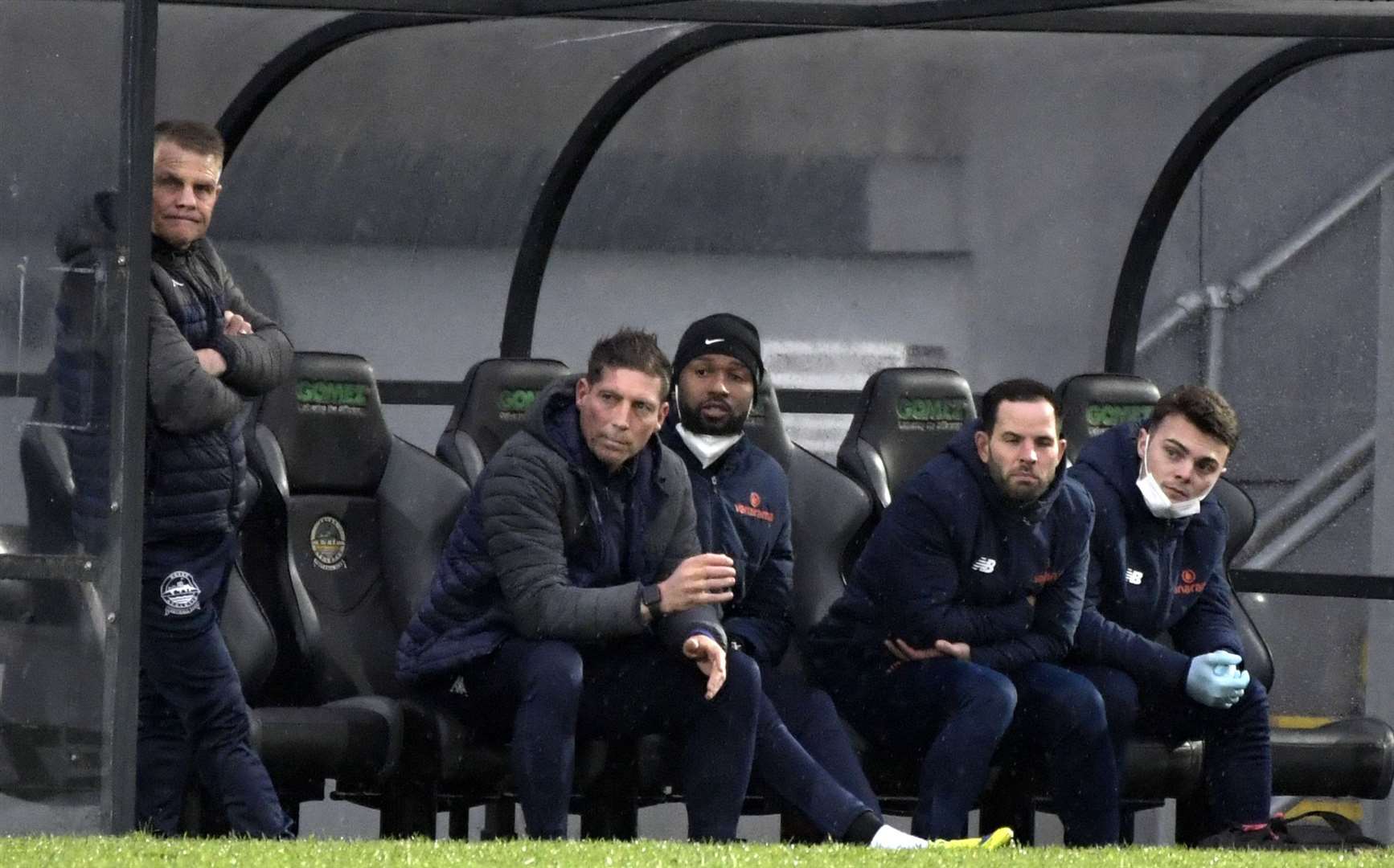 Dover's bench watch on during their 2-0 loss to Dagenham & Redbridge on Boxing Day. Picture: Barry Goodwin