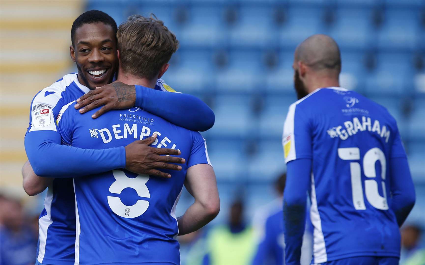 Gillingham celebrate their second goal. Picture: Andy Jones