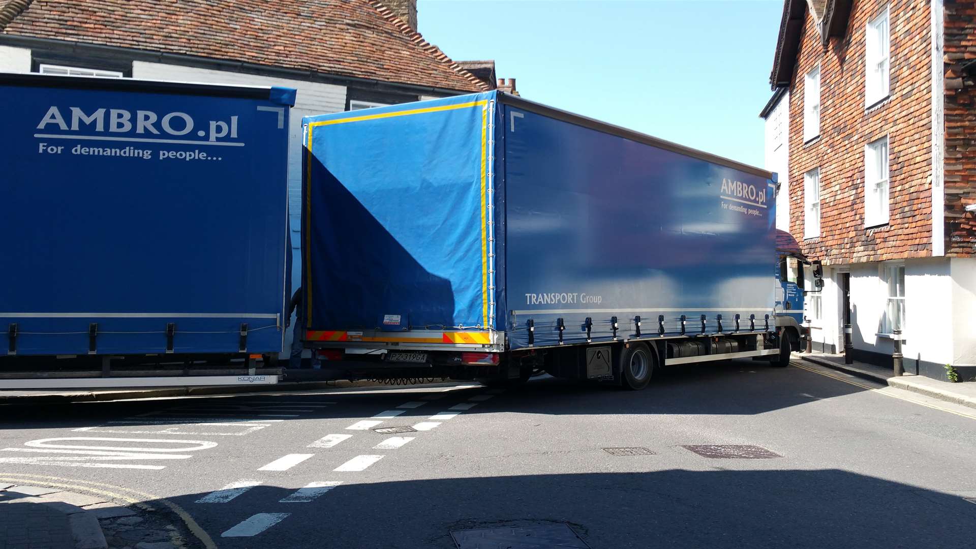 A lorry stuck at Breezy Corner near Strand Street, Sandwich