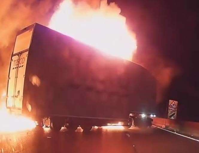 Anthony Moc was travelling along the M25 clockwise, between Junction 5 for Sevenoaks and Junction 6 near Godstone, last night when the Tesco lorry crashed into a barrier and burst into a fireball. Picture: Anthony Moc