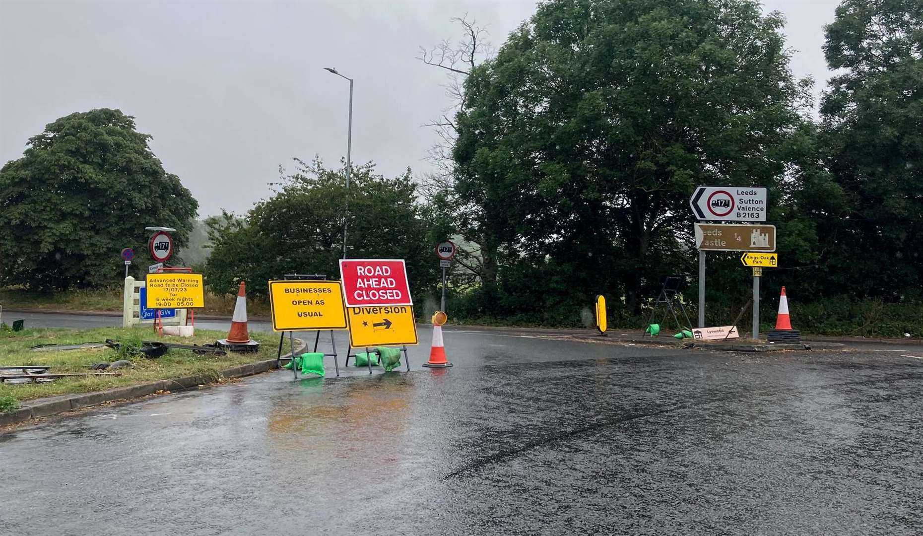 Signs diverting people away from Leeds village because of the roadworks