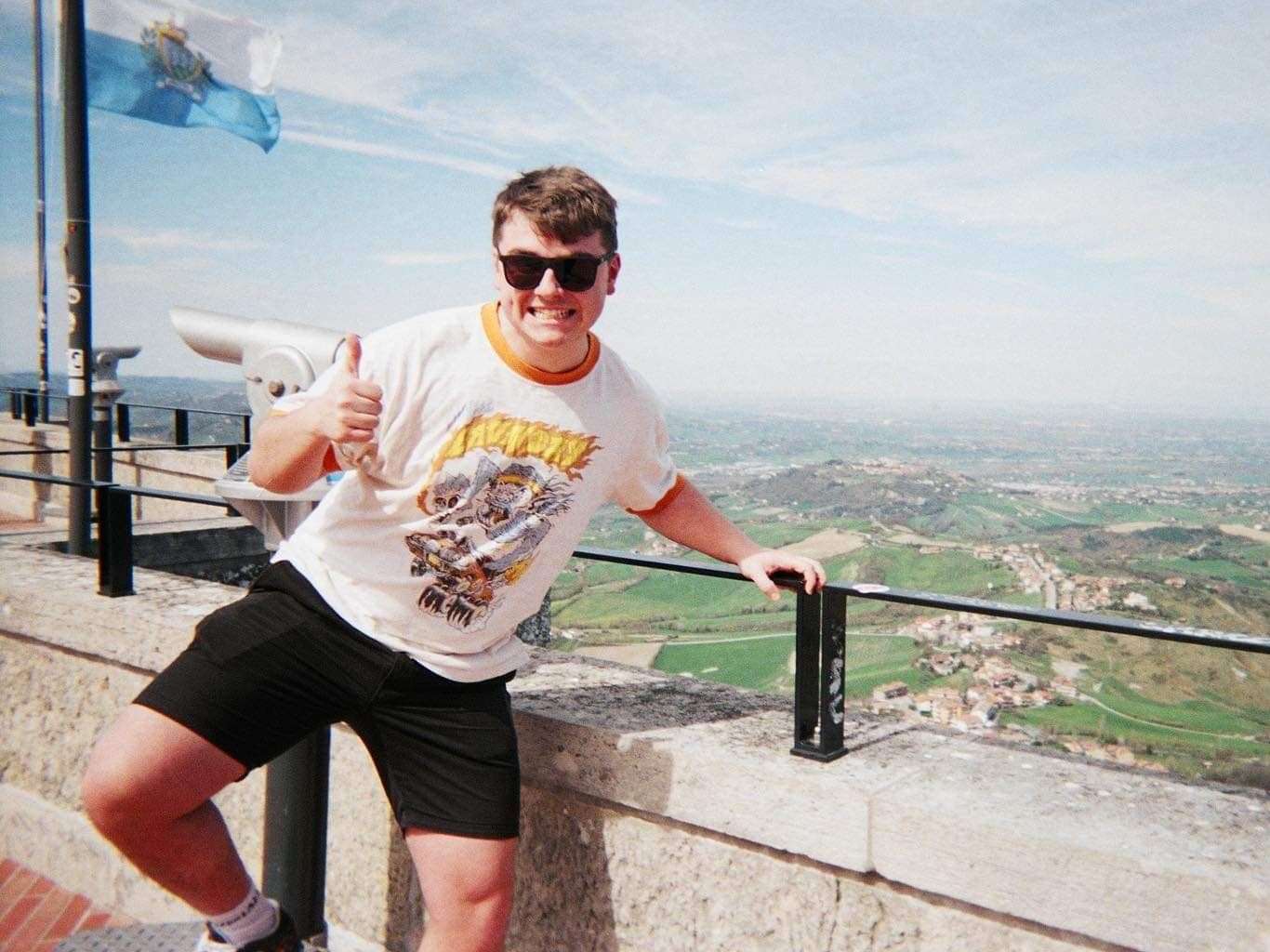 Reporter Max Chesson at a viewing point on Monte Titano in San Marino