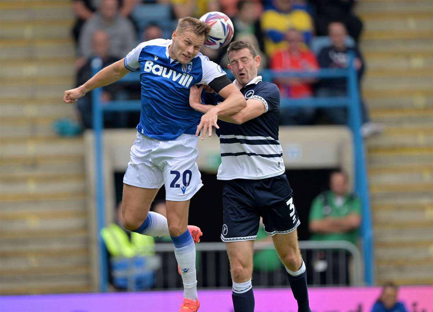 Elliott Nevitt gets stuck in for Gillingham against Millwall last Saturday Picture: Keith Gillard