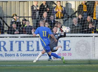 Maidstone keeper Lee Worgan denies Sam Bantick Picture: Martin Apps