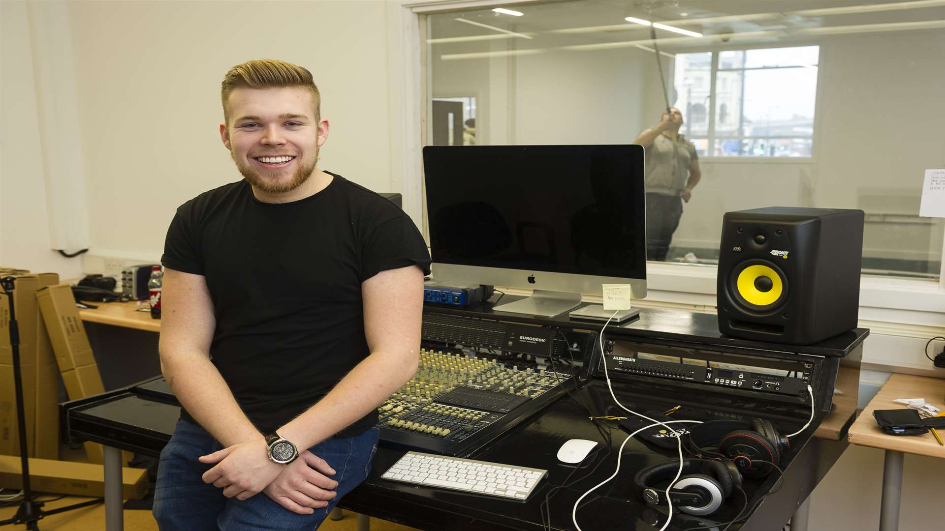 Jamie in the control room at the new studio